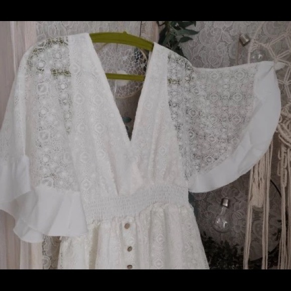 Dentelle Summer White Lace Boho Ruffle Shift Dress Flared Sleeves Beach Mini - Picture 8 of 12
